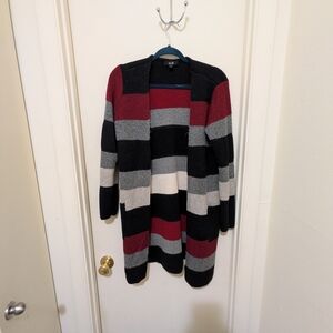 AGB Striped Open Front Cardigan Size Medium Red Black Gray Long Duster Sweater